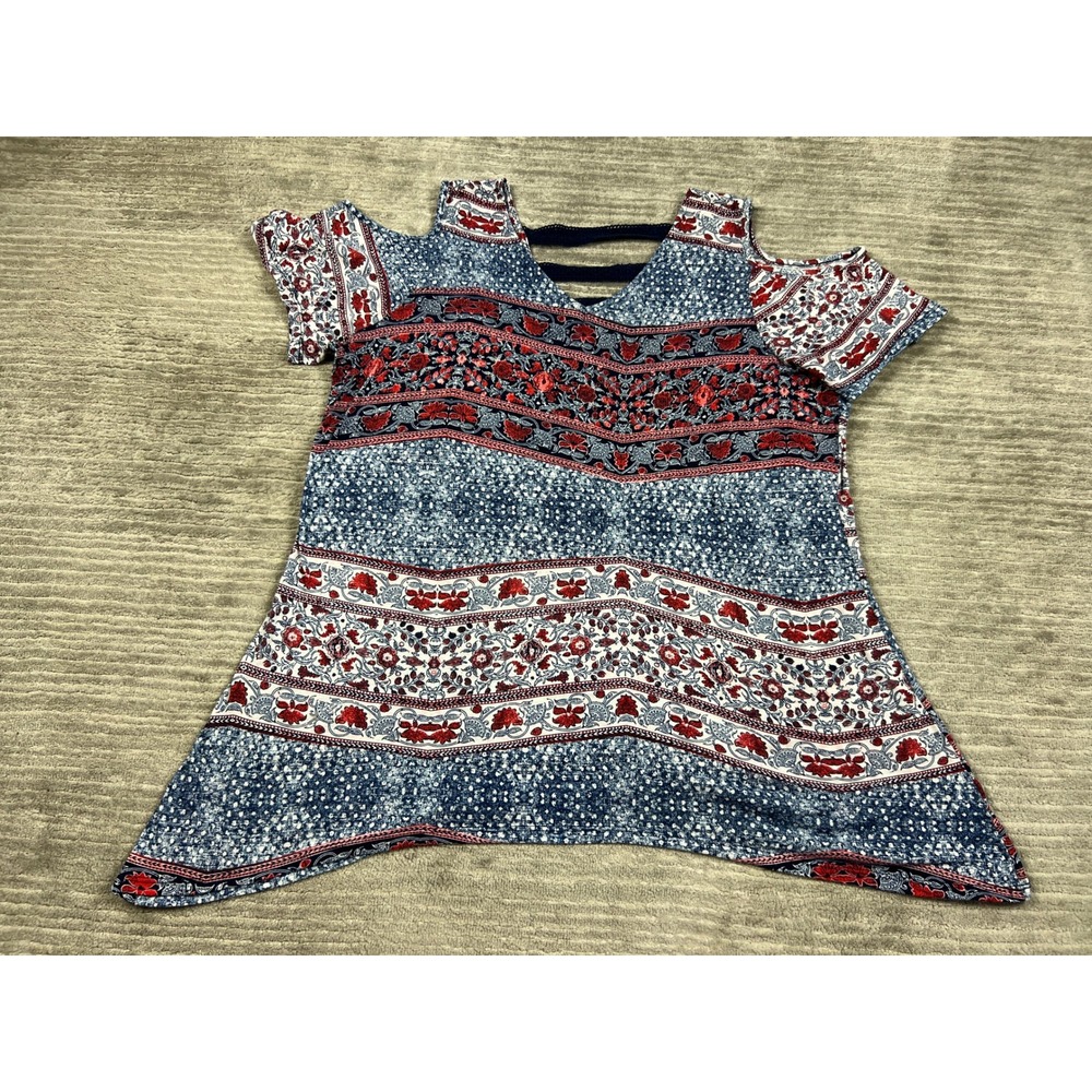 Fred David Top Womens 1X Blue Red Paisley Cold Shoulder Sharkbite Ladder Back